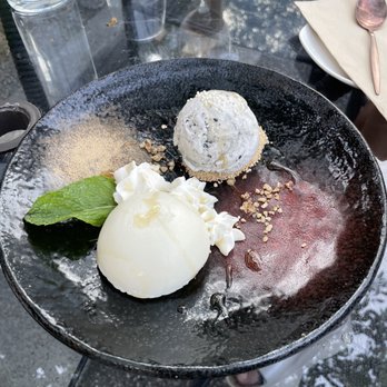 Noah's Cafe - White Chocolate Mochi Cake with black sesame ice cream - Japanese Near Me - Vancouver, British Columbia Noah's Cafe - White Chocolate Mochi Cake with black sesame ice cream - Japanese Near Me - Vancouver, British Columbia