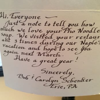 Noodle Saigon - Very sweet customer note for the owners. Before Yelp this is how people wrote a 5 star review! - Vietnamese Near Me - Naples, Florida Noodle Saigon - Very sweet customer note for the owners. Before Yelp this is how people wrote a 5 star review! - Vietnamese Near Me - Naples, Florida
