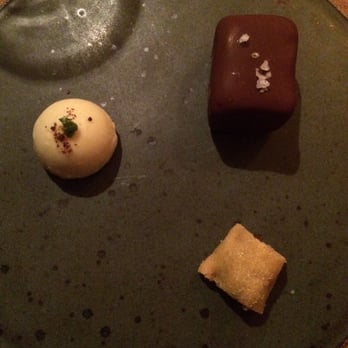 Barley Swine - (Clockwise from left) Yogurt Bonbon, Candy Bar, Salted strawberry newton - New American Near Me - Austin, Texas Barley Swine - (Clockwise from left) Yogurt Bonbon, Candy Bar, Salted strawberry newton - New American Near Me - Austin, Texas