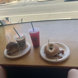 Pretzel bun sandwich with a wake up call smoothie & Bernie's breakfast sandwich on plain bagel with a pitaya lemonade Pretzel bun sandwich with a wake up call smoothie & Bernie's breakfast sandwich on plain bagel with a pitaya lemonade