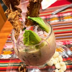 Nebraska del Peru - Leche de tiger (fried fish, shrimp,fresh fish,Peruvian spices,corn and onions