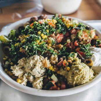 Mezeh - Quinoa/Brown Rice and Chicken Shwarma Bowl with Cilantro hummus, tsaziki, and spicy feta cheese - Mediterranean Near Me - Henrico, Virginia