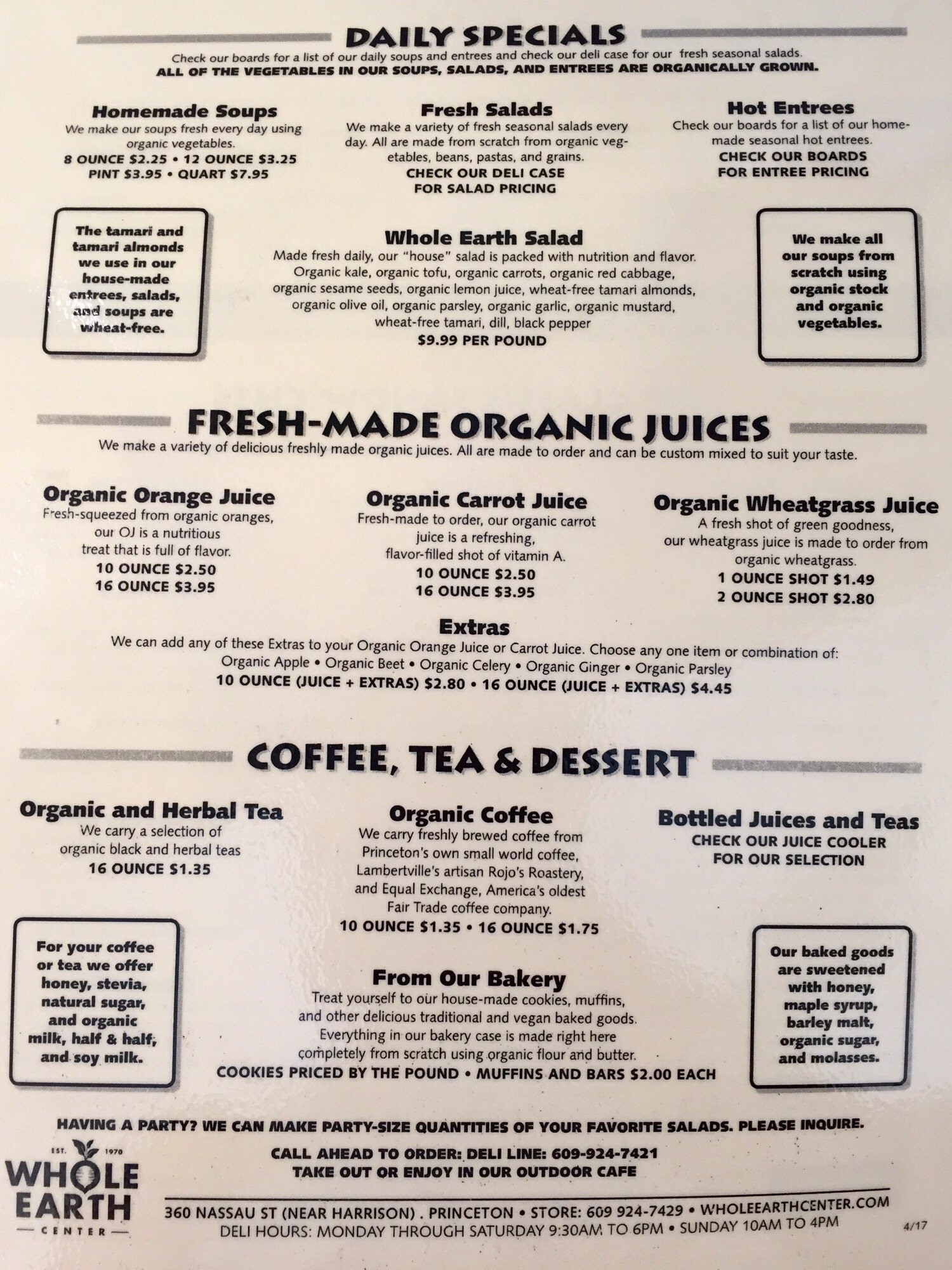 Whole Earth Center - Menu side 2 (as of August 2017) - sandwich menu is the same as the ones already posted except no falafel - sushi and sashimi, menu - Grocery Near Me - Princeton, New Jersey Whole Earth Center - Menu side 2 (as of August 2017) - sandwich menu is the same as the ones already posted except no falafel - sushi and sashimi, menu - Grocery Near Me - Princeton, New Jersey