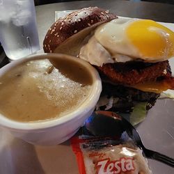 Jonesy's Restaurant & Bar - The Whiskey King Burger with Cream of Mushroom Soup