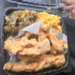 Fried whiteing, collard greens and macaroni and cheese
