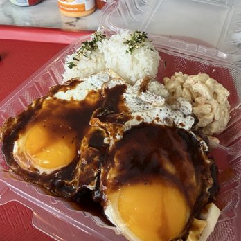 Ipo Hawaiian BBQ - Loco moco - 2 eggs, 2 patties, gravy, 2 small scoops of rice and a scoop of Mac salad - Hawaiian Near Me - Poway, California