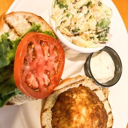 Doc's Downtown Grille - Crab cake sandwich with side of coleslaw with brussels sprouts