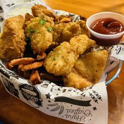 Cod fish and sweet potato chips.