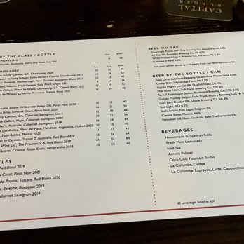 The Capital Burger - Wines, Beer and Drink Menu (May 2023) - Zoom in for details and prices - not bad for a hotel lobby restaurant - Burgers Near Me - Reston, Virginia The Capital Burger - Wines, Beer and Drink Menu (May 2023) - Zoom in for details and prices - not bad for a hotel lobby restaurant - Burgers Near Me - Reston, Virginia
