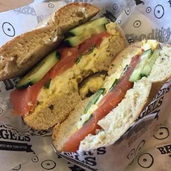 Bruegger's Bagels - Classic smoked salmon with egg salad paired with Rosemary olive oil bagel - Bagels Near Me - Temecula, California Bruegger's Bagels - Classic smoked salmon with egg salad paired with Rosemary olive oil bagel - Bagels Near Me - Temecula, California
