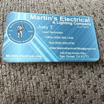 Martin's Electrical & Lighting Company - This is their business card. They'll never lose it. I suggest you keep this number. They're amazing. - Electricians Near Me Martin's Electrical & Lighting Company - This is their business card. They'll never lose it. I suggest you keep this number. They're amazing. - Electricians Near Me