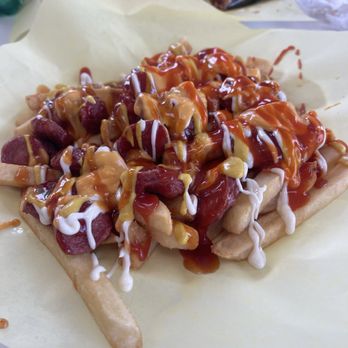 Hamburguesas Mati - Salchipapas: flavor explosion of cheese fries with sliced hot dogs. - Burgers Near Me - Pomona, California Hamburguesas Mati - Salchipapas: flavor explosion of cheese fries with sliced hot dogs. - Burgers Near Me - Pomona, California