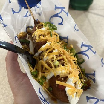 Kauffman Stadium - Chili cheese corn dog - Stadiums & Arenas Near Me - Kansas City, Missouri Kauffman Stadium - Chili cheese corn dog - Stadiums & Arenas Near Me - Kansas City, Missouri