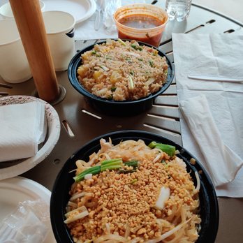 Chez Siam - From top to bottom: tom yum soup, pineapple fried rice, pad thai - Thai Near Me - Marlborough, Massachusetts