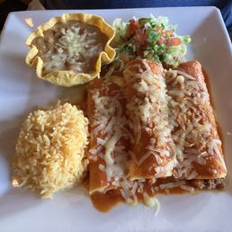 3 enchiladas with beans & rice