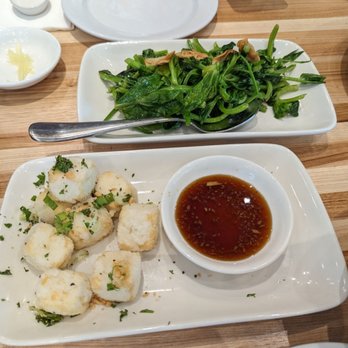 dan modern chinese - Sauteed snow pea leaves + salt and pepper fried tofu. - Chinese Near Me - Long Beach, California