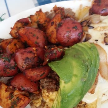 Sara's Kitchen - Mushroom cheesesteak omelet  added avocado. With home fries. Plenty for 2. - American Near Me - Santa Clara, California