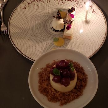 FK - Birthday desserts - goats cheese cheesecake with cherries, coconut tart(?) with black sesame butterflies - French Near Me - Toronto, Ontario