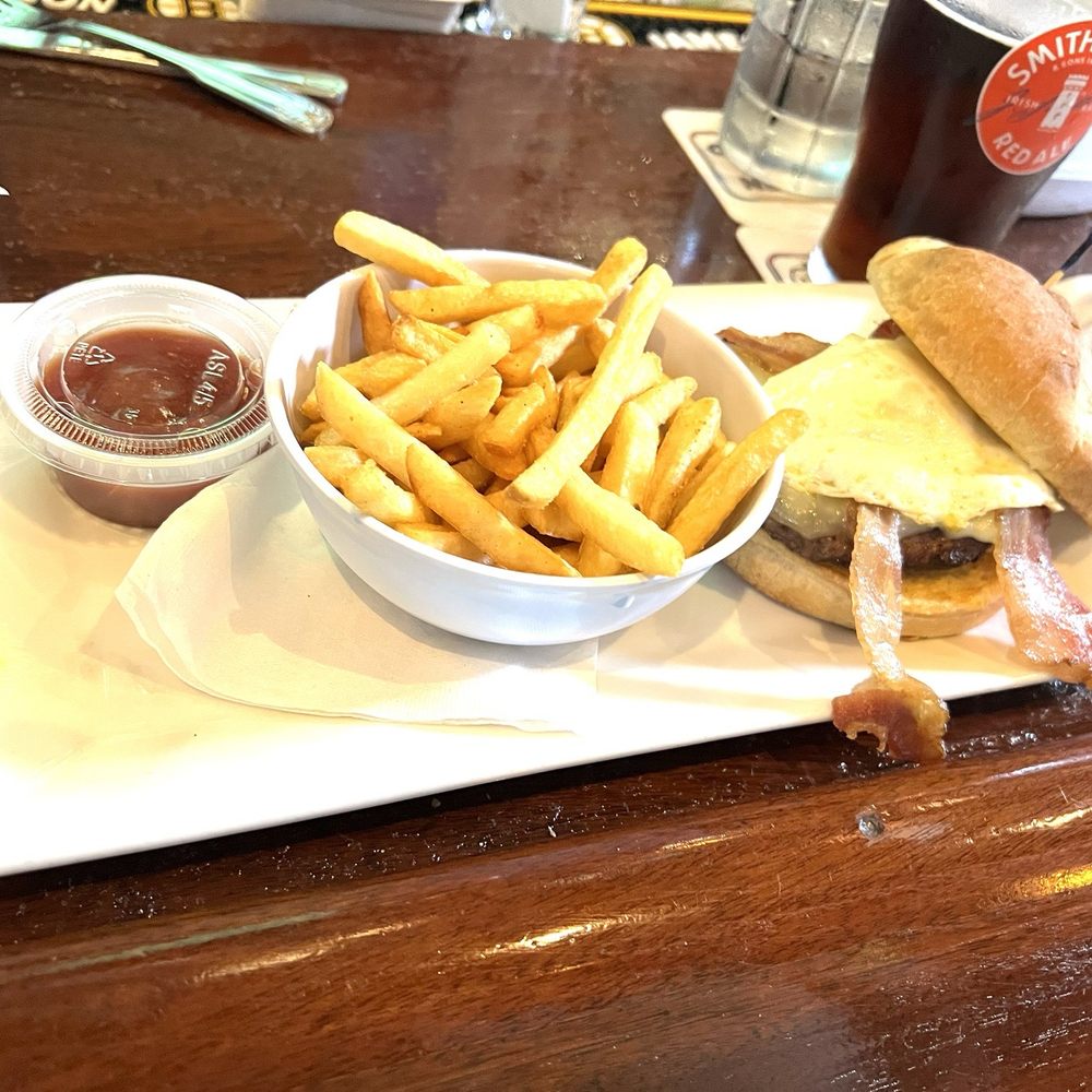 Mick Morgan's - Black n'Bleu Burger added Bacon and Fried Egg with fries. - Irish Pub Near Me - Sharon, Massachusetts Mick Morgan's - Black n'Bleu Burger added Bacon and Fried Egg with fries. - Irish Pub Near Me - Sharon, Massachusetts