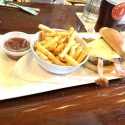 Mick Morgan's - Black n'Bleu Burger added Bacon  and Fried Egg  with fries.
