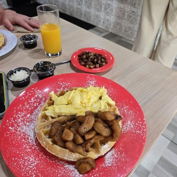 The Wafflery - Waffle with powdered sugar, eggs and cinnamon apples - Waffles Near Me - Charlotte, North Carolina The Wafflery - Waffle with powdered sugar, eggs and cinnamon apples - Waffles Near Me - Charlotte, North Carolina