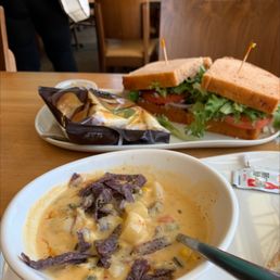 Corn soup and Mediterranean sandwich Corn soup and Mediterranean sandwich