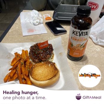 ELITE BURGER-STL - Black bean burger combo (Garlic BBQ relish) with sweet potato fries - Vegan Near Me - St Louis, Missouri