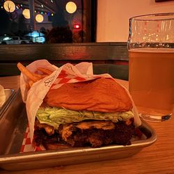 Hamburger Hut - Double Hut Burger, Fries, and beer.