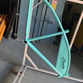 Iron Circle - custom bicycle frame. bead blasted to removed paint and powder coated prismatic seafoam green. - Sandblasting Near Me - Tracy, California Iron Circle - custom bicycle frame. bead blasted to removed paint and powder coated prismatic seafoam green. - Sandblasting Near Me - Tracy, California