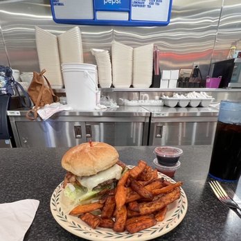 Burleigh's Luncheonette - Bacon cheeseburger with sweet potato fries! - American Near Me - Ticonderoga, New York Burleigh's Luncheonette - Bacon cheeseburger with sweet potato fries! - American Near Me - Ticonderoga, New York