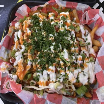 Fufu's Mid East Grill - Fries with chicken shawarma; so good!  A must try! - Mediterranean Near Me - Riverside, California