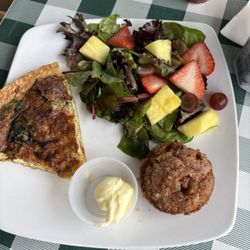 The Gilbert House - Bacon, tomato cheese quiche with rhubarb muffin and greens