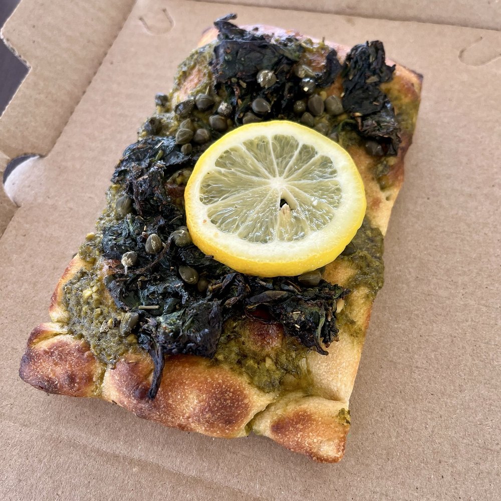 Don Guerra's Barrio Bagel & Slice - Vegan Focaccia Pesto Spinach pizza. Delicious!! - Pizza Near Me - Gilbert, Arizona Don Guerra's Barrio Bagel & Slice - Vegan Focaccia Pesto Spinach pizza. Delicious!! - Pizza Near Me - Gilbert, Arizona