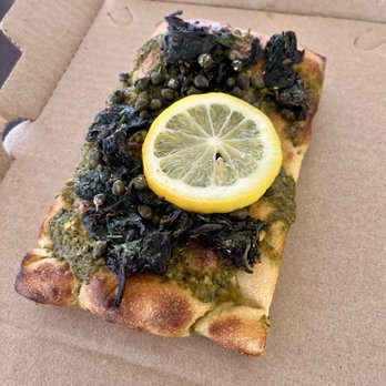 Don Guerra's Barrio Bagel & Slice - Vegan Focaccia Pesto Spinach pizza. Delicious!! - Pizza Near Me - Gilbert, Arizona Don Guerra's Barrio Bagel & Slice - Vegan Focaccia Pesto Spinach pizza. Delicious!! - Pizza Near Me - Gilbert, Arizona