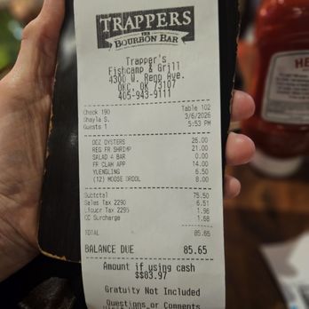 Trapper's Fishcamp & Grill - Dinner receipt - Seafood Near Me - Oklahoma City, Oklahoma Trapper's Fishcamp & Grill - Dinner receipt - Seafood Near Me - Oklahoma City, Oklahoma