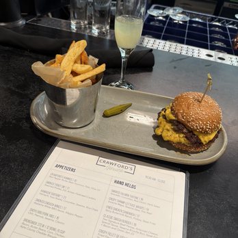 Crawford's Genuine - Classic Smash Burger with only Cheese, Steak Fries and French 75 - Salad Near Me - Morrisville, North Carolina
