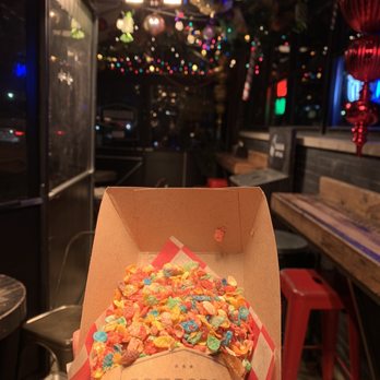 BomboBar - Fruity pebbles bombolato with funfetti gelato and caramel drizzled on top. - Desserts Near Me - Chicago, Illinois