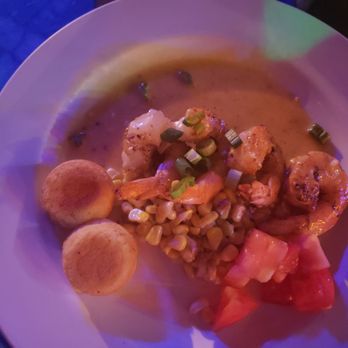 Blue Heaven - Carolina "BBQ" shrimp with 2 corn mini muffins.  Delicious - Breakfast & Brunch Near Me - Key West, Florida