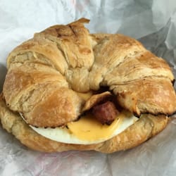 Bacon, egg and cheese on a croissant.