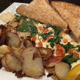 The Greek omelette with egg whites, wheat toast and home fries. Good morning! The Greek omelette with egg whites, wheat toast and home fries. Good morning!