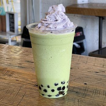 Home Brewed Bar - Matcha pistachio milk tea with boba and taro whipped cream - Coffee & Tea Near Me - Pasadena, California Home Brewed Bar - Matcha pistachio milk tea with boba and taro whipped cream - Coffee & Tea Near Me - Pasadena, California