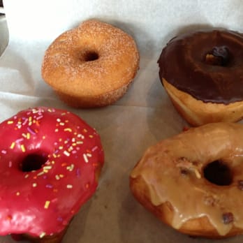 Revolution Doughnuts - Cinnamon sugar, dark chocolate, raspberry; and slate caramel with bacon - Donuts Near Me - Decatur, Georgia Revolution Doughnuts - Cinnamon sugar, dark chocolate, raspberry; and slate caramel with bacon - Donuts Near Me - Decatur, Georgia