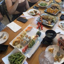 Edamame Crab Rangoons Shrimp hibachi w/ noodles Miso soup Rainbow roll Spicy tuna roll Edamame Crab Rangoons Shrimp hibachi w/ noodles Miso soup Rainbow roll Spicy tuna roll