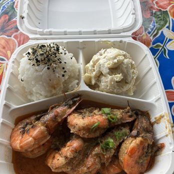 Wake Up Delicious - Garlic shrimp with rice and macaroni salad - Hawaiian Near Me - Hanalei, Hawaii