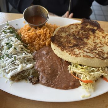 Golondrinas Mexican Grill - Combo Plato: pork and cheese pupusa, steak enchilada and refried beans - Mexican Near Me - Oakland, California