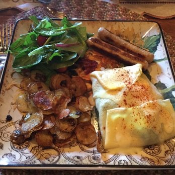 Stone Gables Bed & Breakfast - Spinach stuffed crepe, chicken sausage, home fries, and salad - Bed & Breakfast Near Me - Leesburg, Virginia Stone Gables Bed & Breakfast - Spinach stuffed crepe, chicken sausage, home fries, and salad - Bed & Breakfast Near Me - Leesburg, Virginia