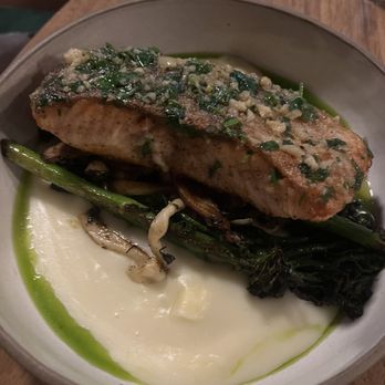 Casa Ora - Salmon with garlicky broccolini and a super silky mashed yuca - Venezuelan Near Me - Brooklyn, New York