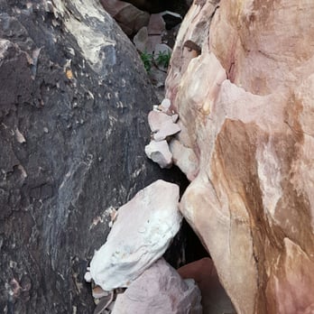 Ice Box Canyon - Looking down the crevice from atop a large boulder on the west side of the trail early into the hike - Hiking Near Me - Las Vegas, Nevada Ice Box Canyon - Looking down the crevice from atop a large boulder on the west side of the trail early into the hike - Hiking Near Me - Las Vegas, Nevada