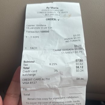 Ay Maria - Receipt vs food received - Mexican Near Me - Corpus Christi, Texas