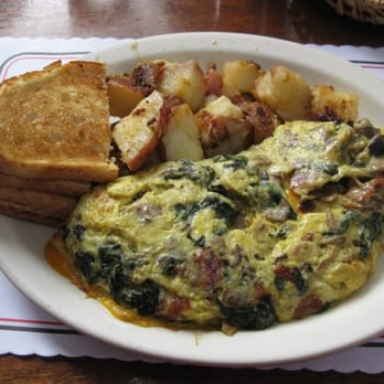 Katy's Place - country omelette (bacon, mushroom, cheese) with added spinach - Breakfast & Brunch Near Me - Carmel, California Katy's Place - country omelette (bacon, mushroom, cheese) with added spinach - Breakfast & Brunch Near Me - Carmel, California